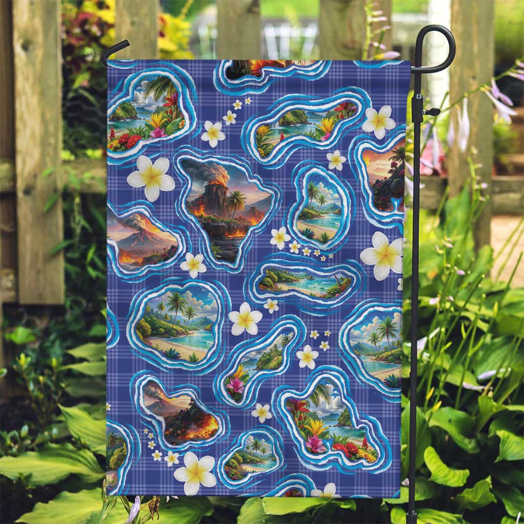 Hawaiian Island Shapes-Iconic Landscape Garden Flag with Plumeria and Palaka Blue Color
