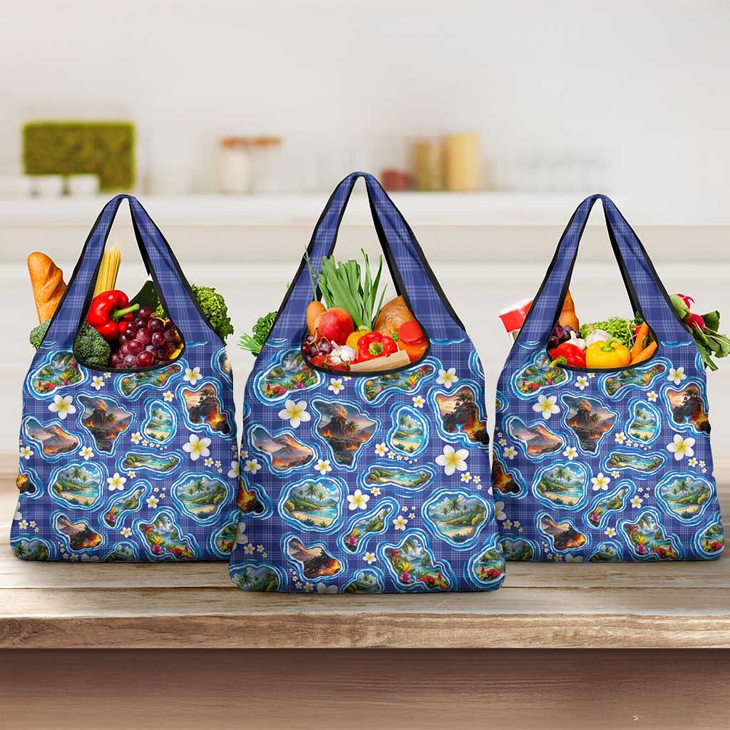 Hawaiian Island Shapes-Iconic Landscape Grocery Bag with Plumeria and Palaka Blue Color