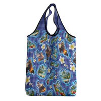 Hawaiian Island Shapes-Iconic Landscape Grocery Bag with Plumeria and Palaka Blue Color