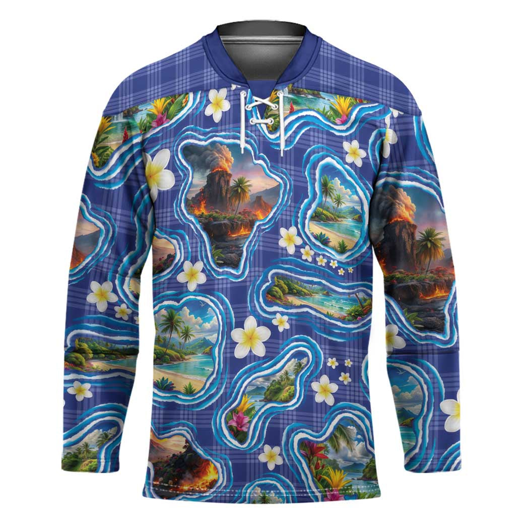 Hawaiian Island Shapes-Iconic Landscape Hockey Jersey with Plumeria and Palaka Blue Color LT03 Unisex Blue - Polynesian Pride