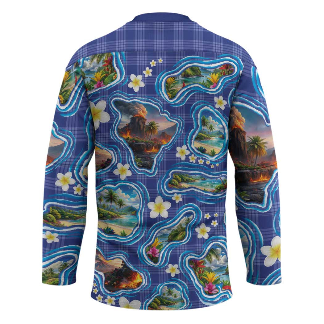 Hawaiian Island Shapes-Iconic Landscape Hockey Jersey with Plumeria and Palaka Blue Color LT03 - Polynesian Pride