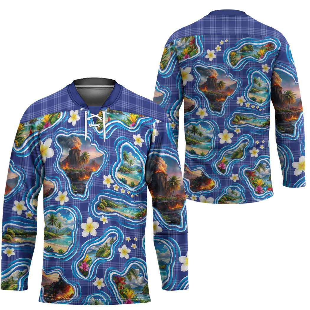 Hawaiian Island Shapes-Iconic Landscape Hockey Jersey with Plumeria and Palaka Blue Color LT03 - Polynesian Pride