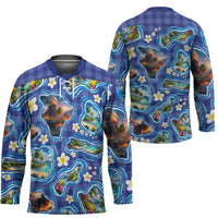 Hawaiian Island Shapes-Iconic Landscape Hockey Jersey with Plumeria and Palaka Blue Color LT03 - Polynesian Pride