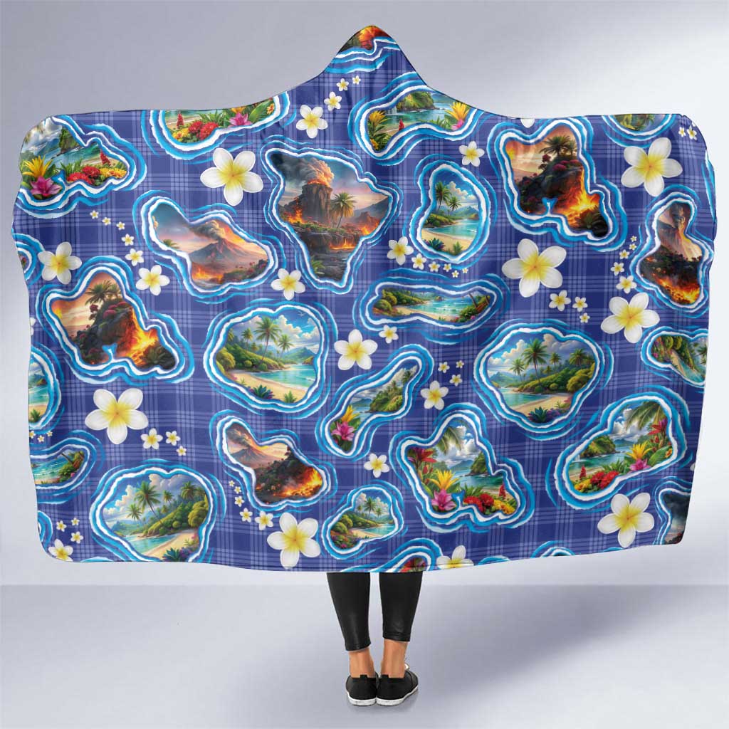Hawaiian Island Shapes-Iconic Landscape Hooded Blanket with Plumeria and Palaka Blue Color LT03 One Size Blue - Polynesian Pride