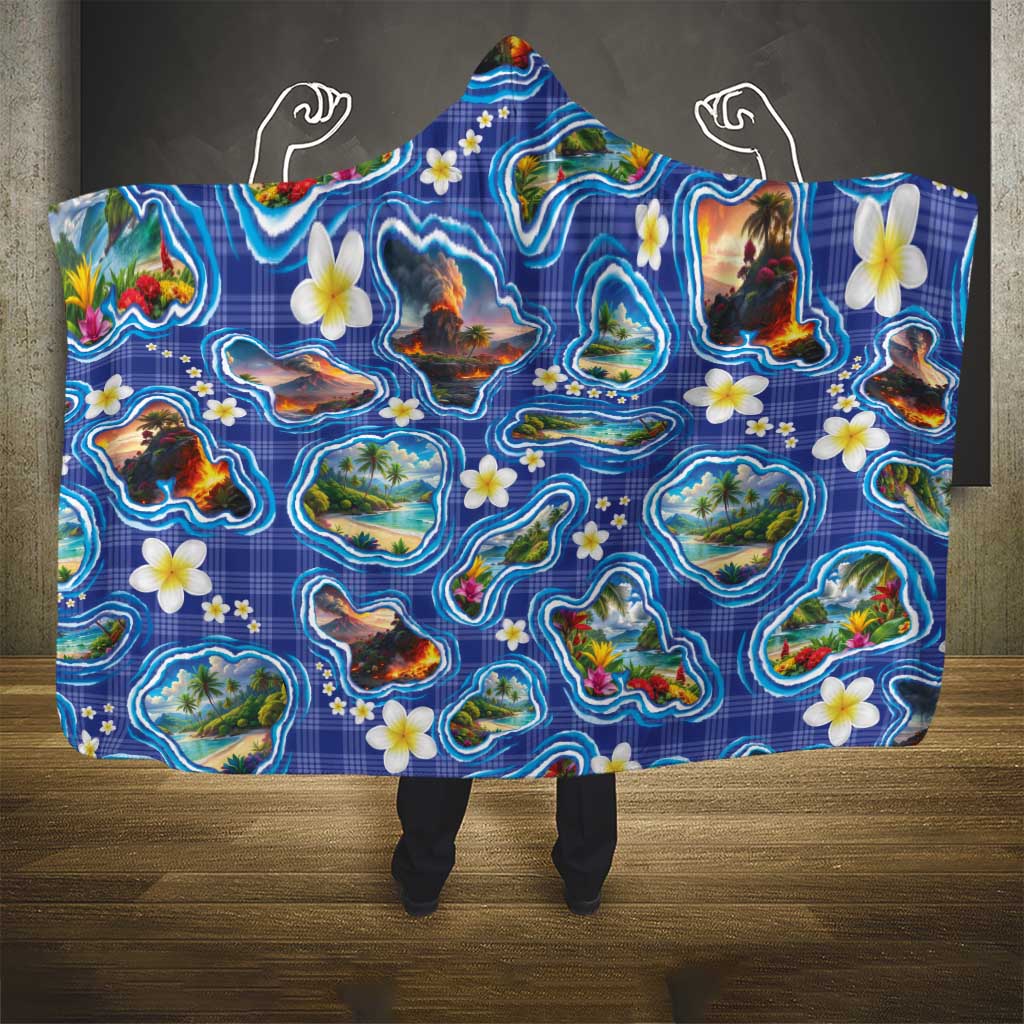 Hawaiian Island Shapes-Iconic Landscape Hooded Blanket with Plumeria and Palaka Blue Color LT03 - Polynesian Pride
