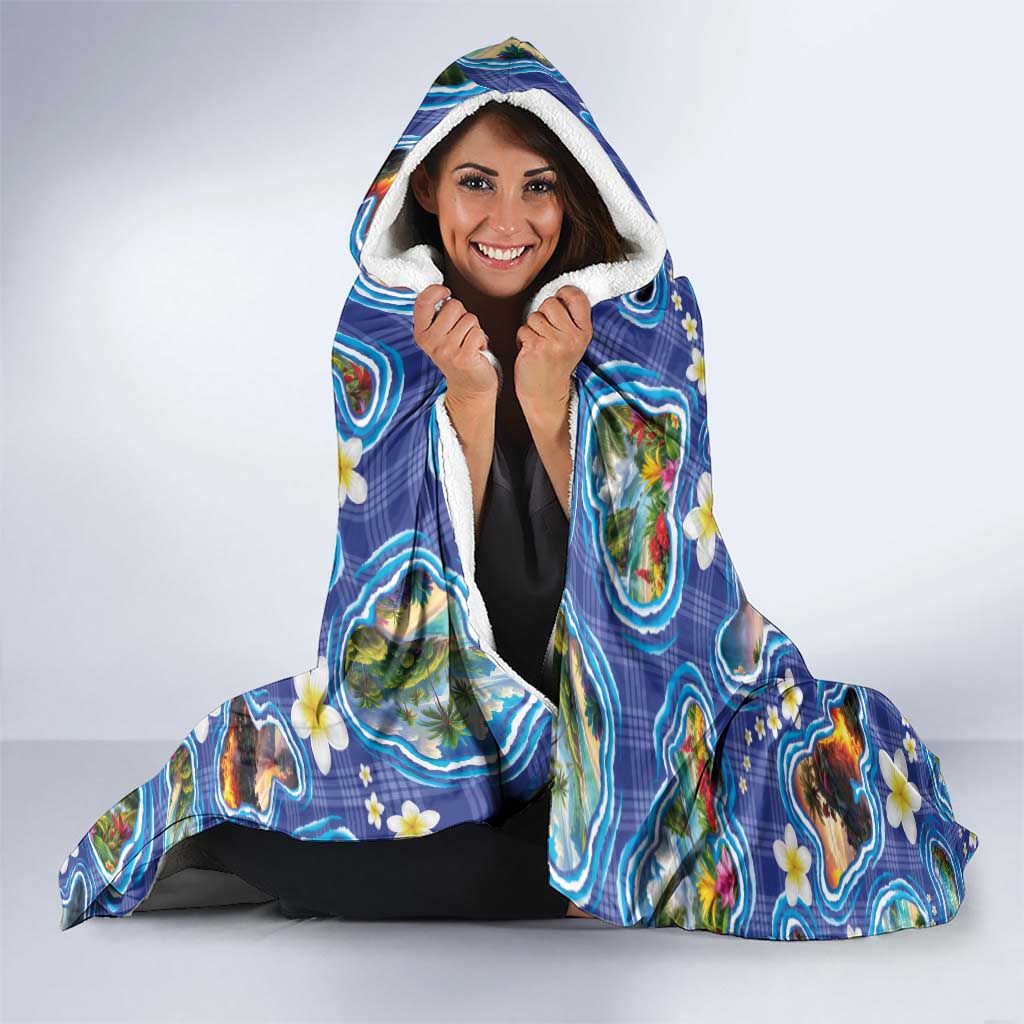 Hawaiian Island Shapes-Iconic Landscape Hooded Blanket with Plumeria and Palaka Blue Color LT03 - Polynesian Pride