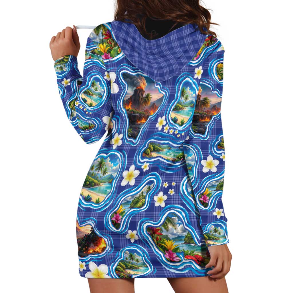 Hawaiian Island Shapes-Iconic Landscape Hoodie Dress with Plumeria and Palaka Blue Color LT03 - Polynesian Pride