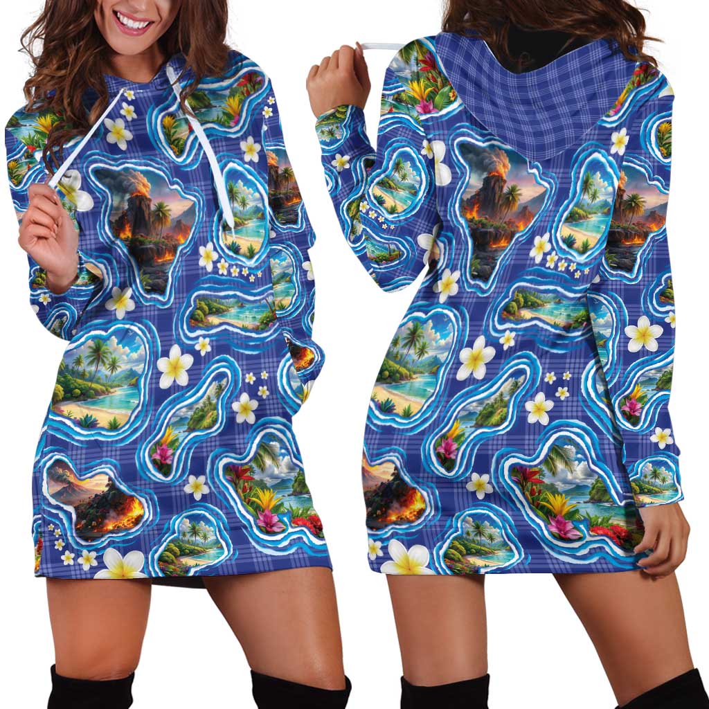 Hawaiian Island Shapes-Iconic Landscape Hoodie Dress with Plumeria and Palaka Blue Color LT03 - Polynesian Pride