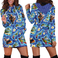 Hawaiian Island Shapes-Iconic Landscape Hoodie Dress with Plumeria and Palaka Blue Color LT03 - Polynesian Pride