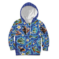 Hawaiian Island Shapes-Iconic Landscape Kid Hoodie with Plumeria and Palaka Blue Color