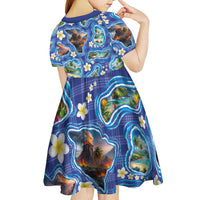 Hawaiian Island Shapes-Iconic Landscape Kid Short Sleeve Dress with Plumeria and Palaka Blue Color LT03 - Polynesian Pride