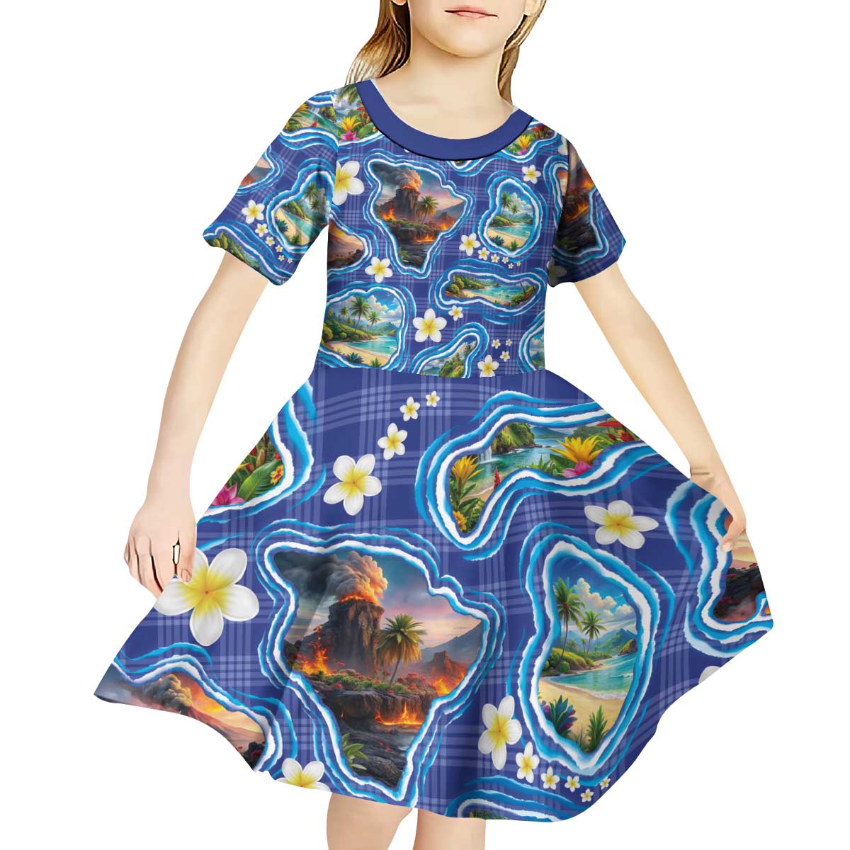 Hawaiian Island Shapes-Iconic Landscape Kid Short Sleeve Dress with Plumeria and Palaka Blue Color LT03 - Polynesian Pride