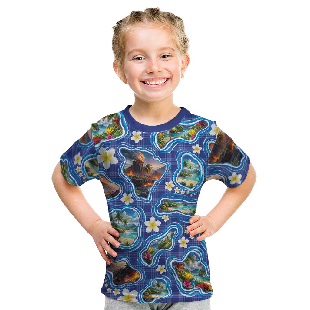 Hawaiian Island Shapes-Iconic Landscape Kid T Shirt with Plumeria and Palaka Blue Color