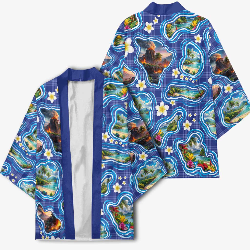 Hawaiian Island Shapes-Iconic Landscape Kimono with Plumeria and Palaka Blue Color