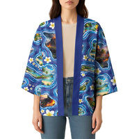 Hawaiian Island Shapes-Iconic Landscape Kimono with Plumeria and Palaka Blue Color
