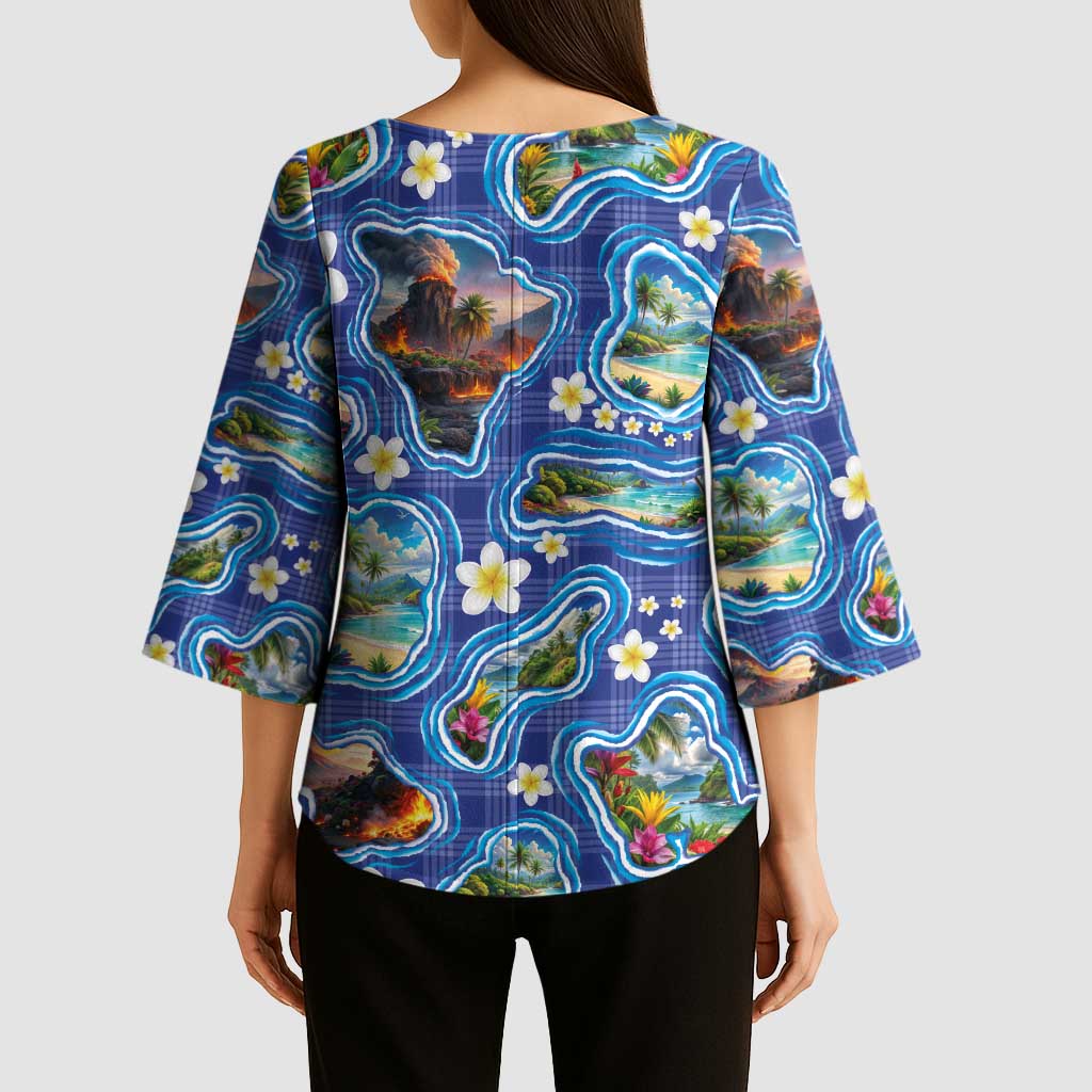 Hawaiian Island Shapes-Iconic Landscape Kimono Sleeve Blouse with Plumeria and Palaka Blue Color
