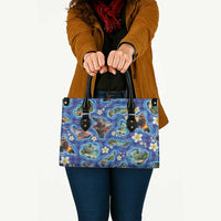 Hawaiian Island Shapes-Iconic Landscape Leather Bag with Plumeria and Palaka Blue Color