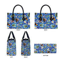 Hawaiian Island Shapes-Iconic Landscape Leather Bag with Plumeria and Palaka Blue Color