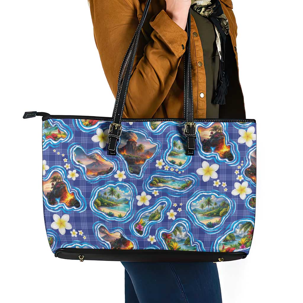 Hawaiian Island Shapes-Iconic Landscape Leather Tote Bag with Plumeria and Palaka Blue Color