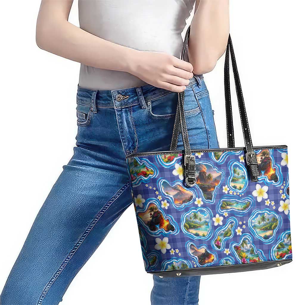 Hawaiian Island Shapes-Iconic Landscape Leather Tote Bag with Plumeria and Palaka Blue Color