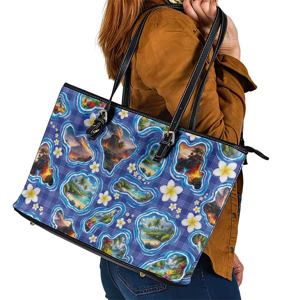 Hawaiian Island Shapes-Iconic Landscape Leather Tote Bag with Plumeria and Palaka Blue Color