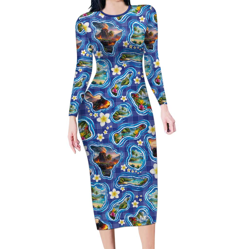 Hawaiian Island Shapes-Iconic Landscape Long Sleeve Bodycon Dress with Plumeria and Palaka Blue Color LT03 Long Dress Blue - Polynesian Pride