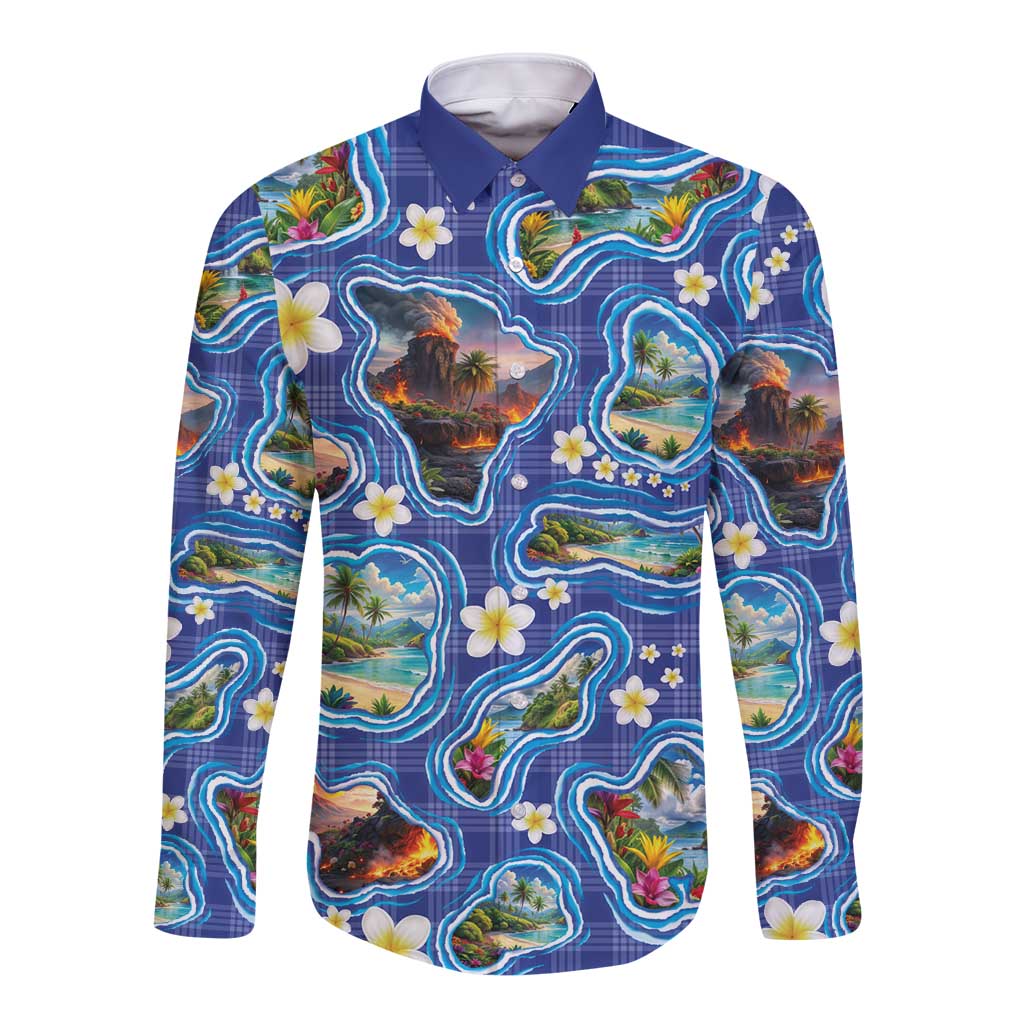 Hawaiian Island Shapes-Iconic Landscape Long Sleeve Button Shirt with Plumeria and Palaka Blue Color