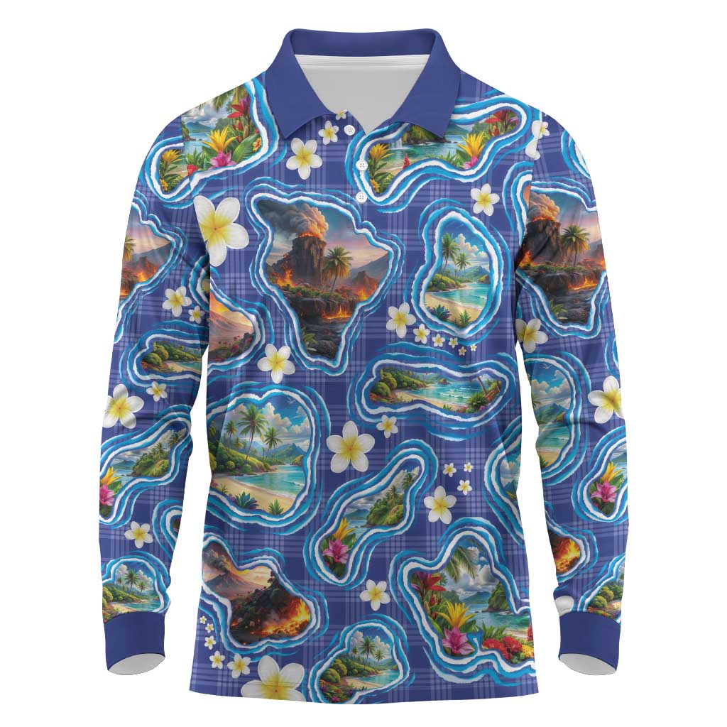 Hawaiian Island Shapes-Iconic Landscape Long Sleeve Polo Shirt with Plumeria and Palaka Blue Color