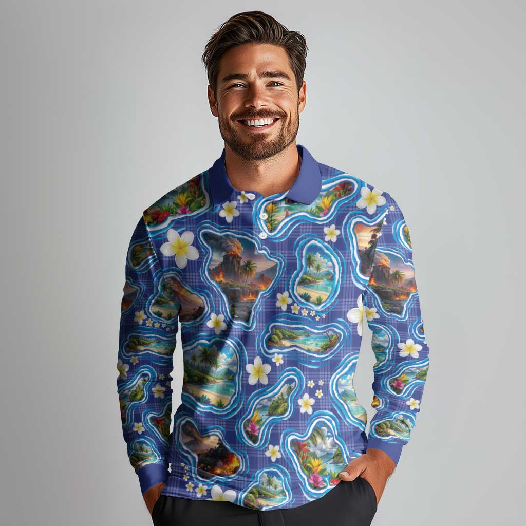 Hawaiian Island Shapes-Iconic Landscape Long Sleeve Polo Shirt with Plumeria and Palaka Blue Color LT03 - Polynesian Pride