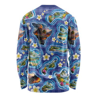 Hawaiian Island Shapes-Iconic Landscape Long Sleeve Shirt with Plumeria and Palaka Blue Color