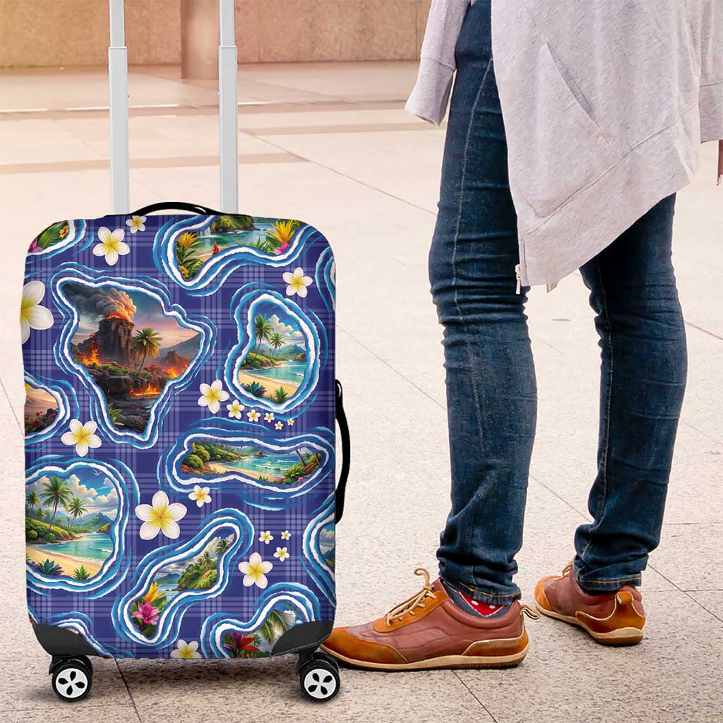 Hawaiian Island Shapes-Iconic Landscape Luggage Cover with Plumeria and Palaka Blue Color
