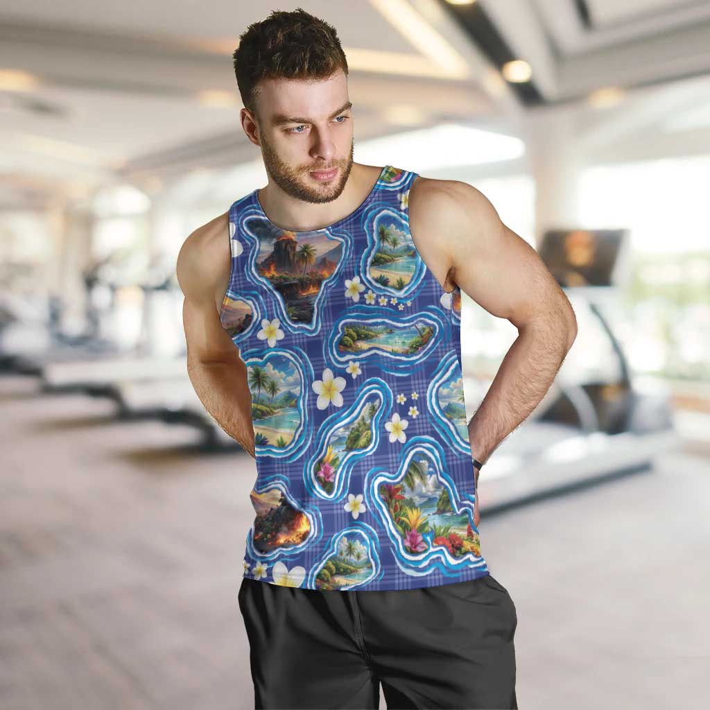Hawaiian Island Shapes-Iconic Landscape Men Tank Top with Plumeria and Palaka Blue Color