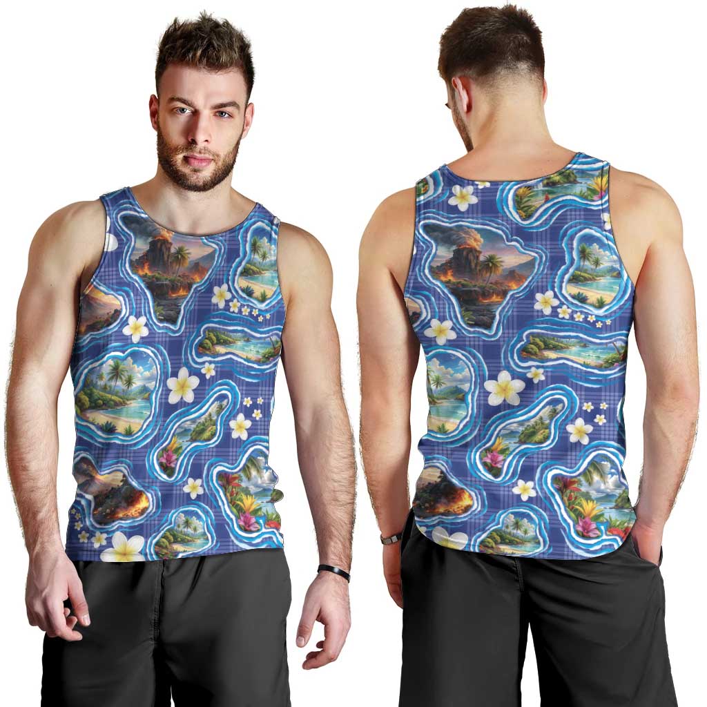 Hawaiian Island Shapes-Iconic Landscape Men Tank Top with Plumeria and Palaka Blue Color