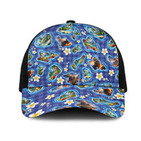 Hawaiian Island Shapes-Iconic Landscape Mesh Trucker Cap with Plumeria and Palaka Blue Color