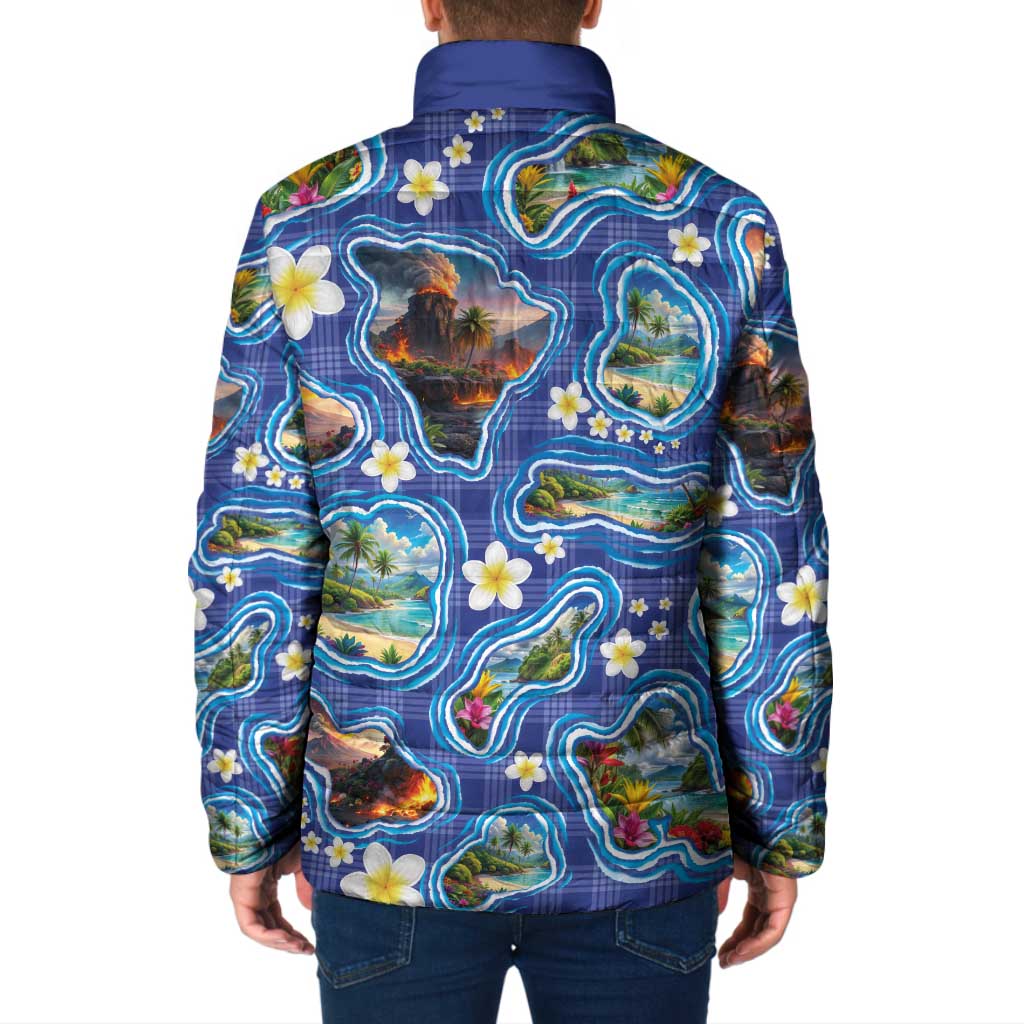 Hawaiian Island Shapes-Iconic Landscape Padded Jacket with Plumeria and Palaka Blue Color