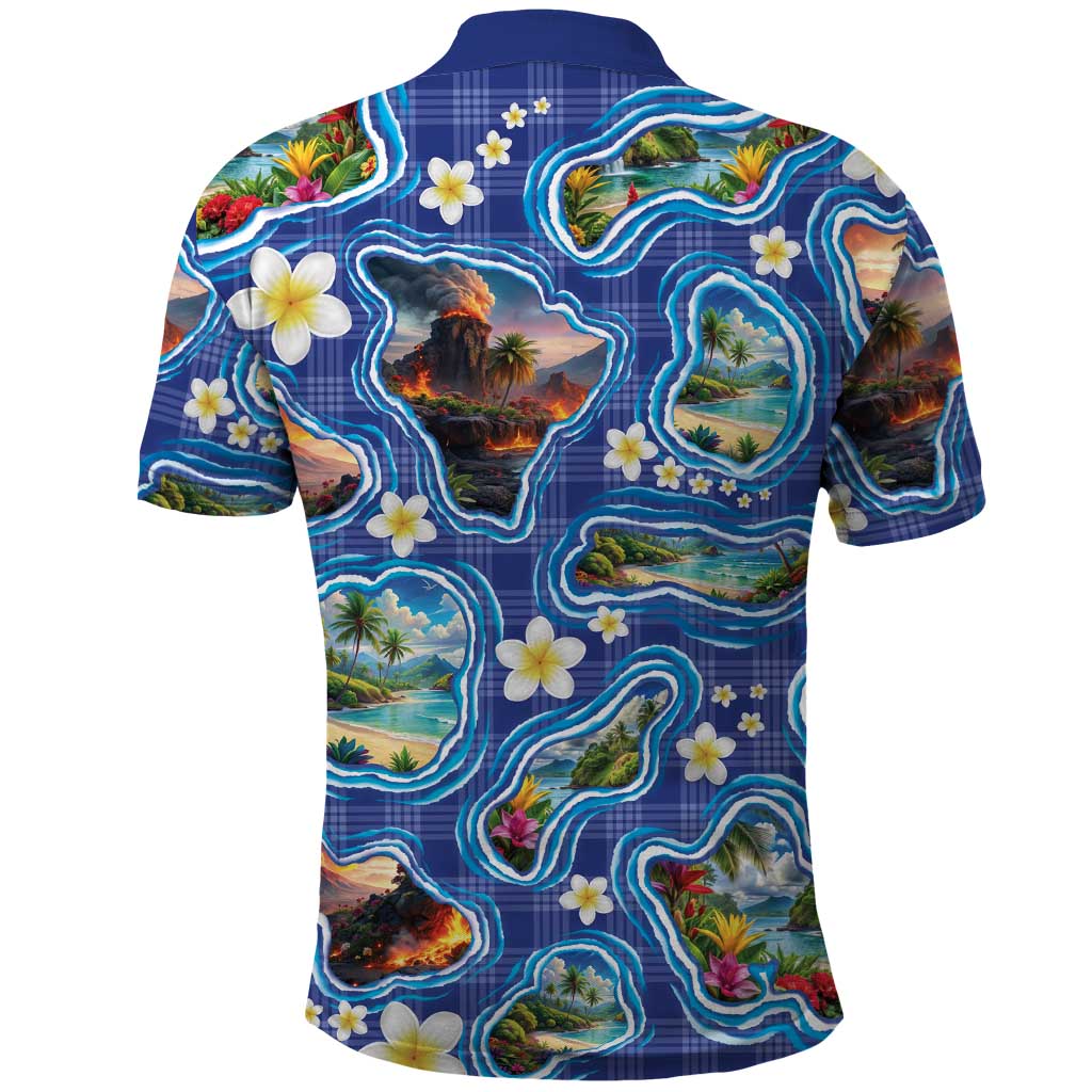Hawaiian Island Shapes-Iconic Landscape Polo Shirt with Plumeria and Palaka Blue Color