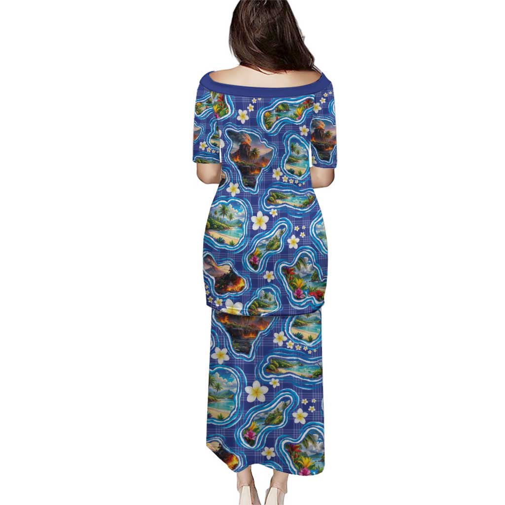 Hawaiian Island Shapes-Iconic Landscape Puletasi with Plumeria and Palaka Blue Color