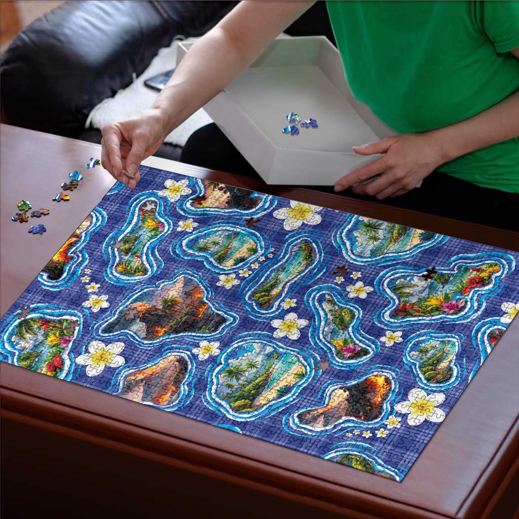 Hawaiian Island Shapes-Iconic Landscape Puzzle with Plumeria and Palaka Blue Color