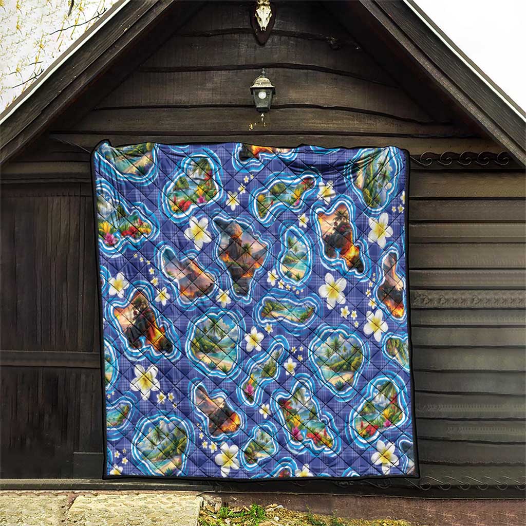 Hawaiian Island Shapes-Iconic Landscape Quilt with Plumeria and Palaka Blue Color