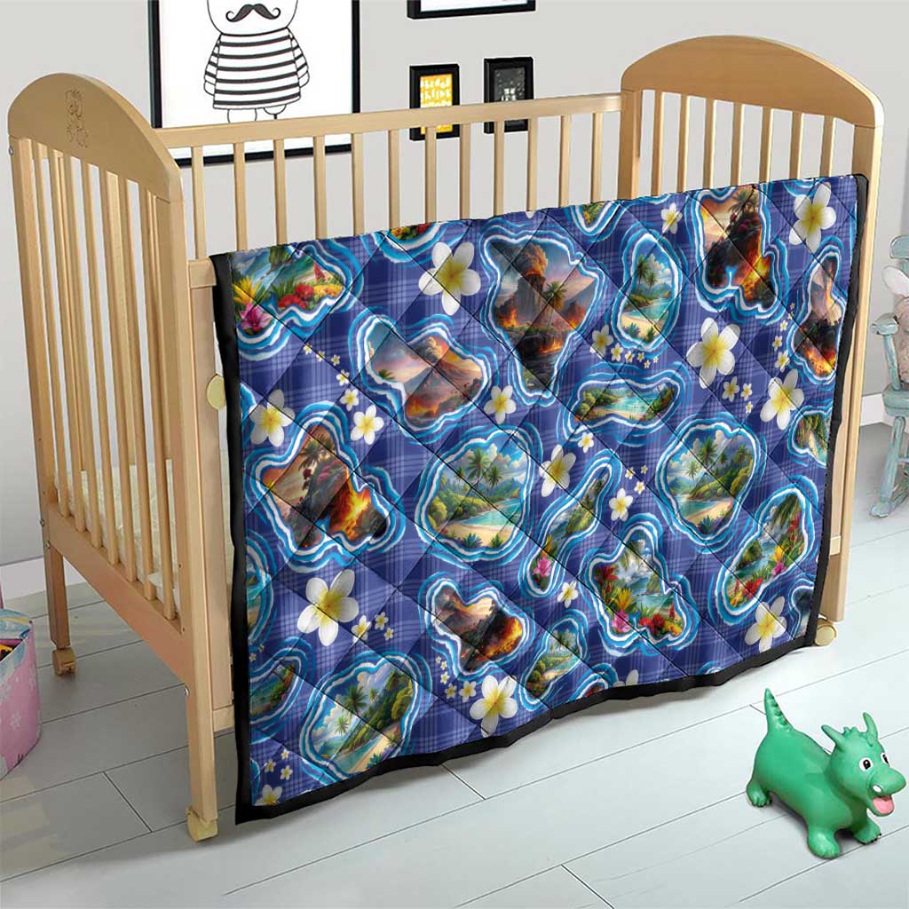 Hawaiian Island Shapes-Iconic Landscape Quilt with Plumeria and Palaka Blue Color