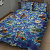 Hawaiian Island Shapes-Iconic Landscape Quilt Bed Set with Plumeria and Palaka Blue Color