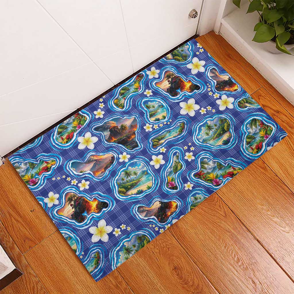 Hawaiian Island Shapes-Iconic Landscape Rubber Doormat with Plumeria and Palaka Blue Color