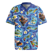 Hawaiian Island Shapes-Iconic Landscape Rugby Jersey with Plumeria and Palaka Blue Color