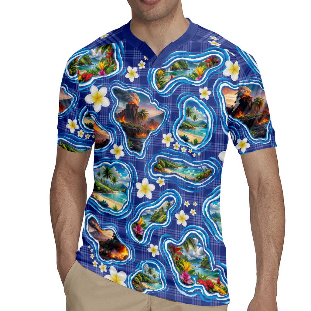 Hawaiian Island Shapes-Iconic Landscape Rugby Jersey with Plumeria and Palaka Blue Color