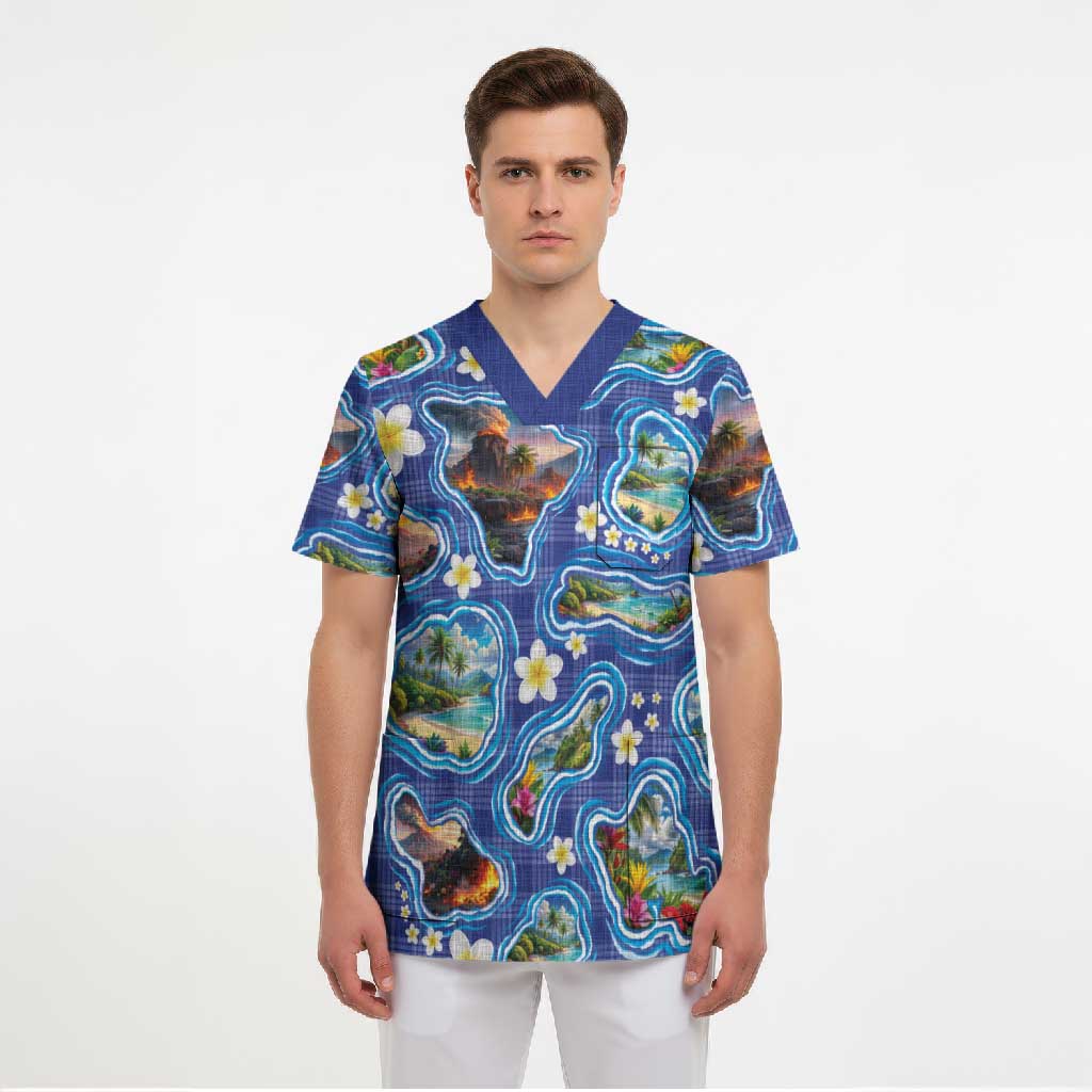 Hawaiian Island Shapes-Iconic Landscape Scrub Top with Plumeria and Palaka Blue Color