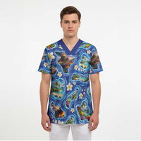 Hawaiian Island Shapes-Iconic Landscape Scrub Top with Plumeria and Palaka Blue Color