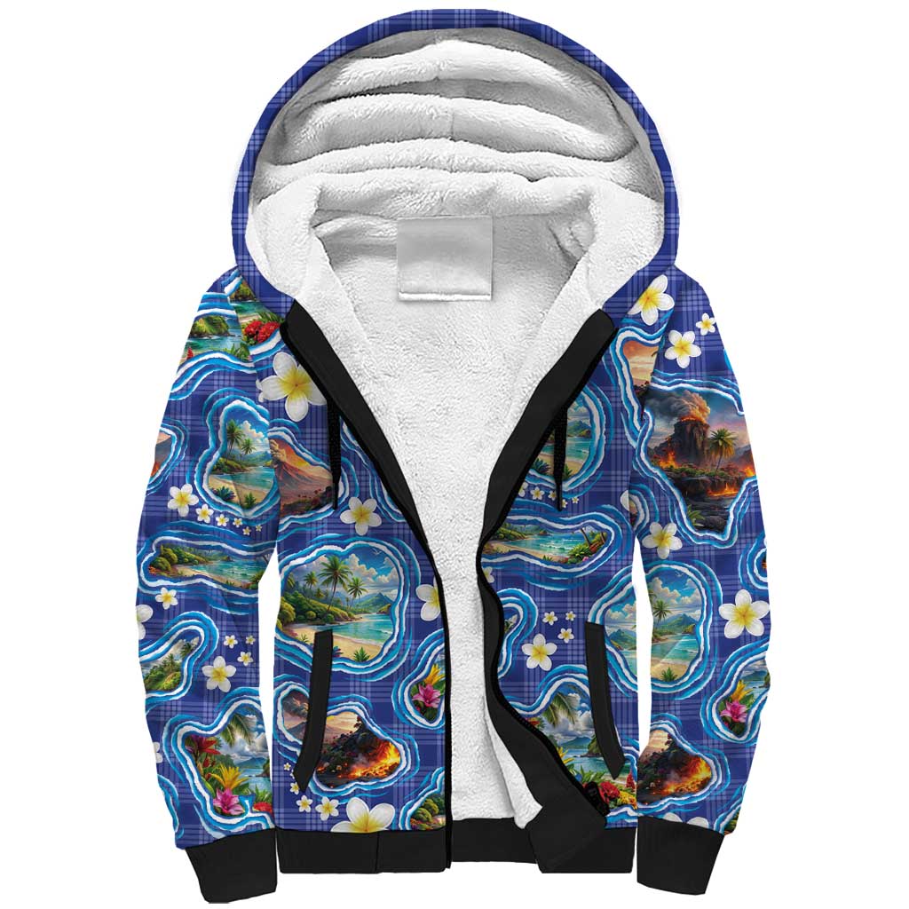Hawaiian Island Shapes-Iconic Landscape Sherpa Hoodie with Plumeria and Palaka Blue Color LT03 Unisex Blue - Polynesian Pride