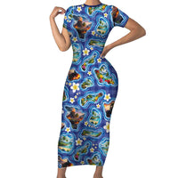 Hawaiian Island Shapes-Iconic Landscape Short Sleeve Bodycon Dress with Plumeria and Palaka Blue Color LT03 Long Dress Blue - Polynesian Pride