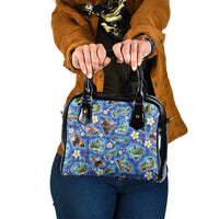 Hawaiian Island Shapes-Iconic Landscape Shoulder Handbag with Plumeria and Palaka Blue Color