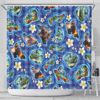 Hawaiian Island Shapes-Iconic Landscape Shower Curtain with Plumeria and Palaka Blue Color